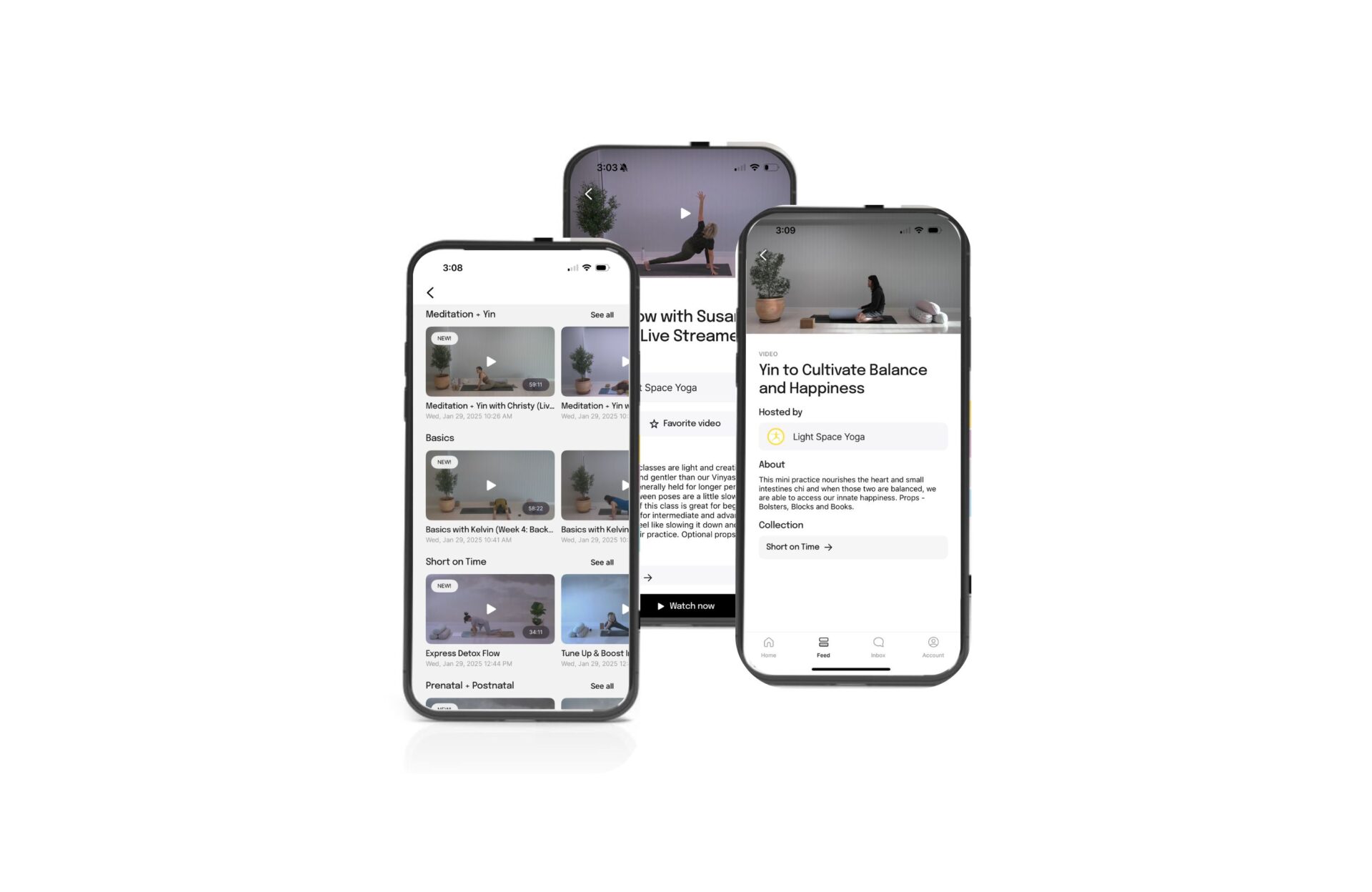 Three phones showing the Light Space Yoga app