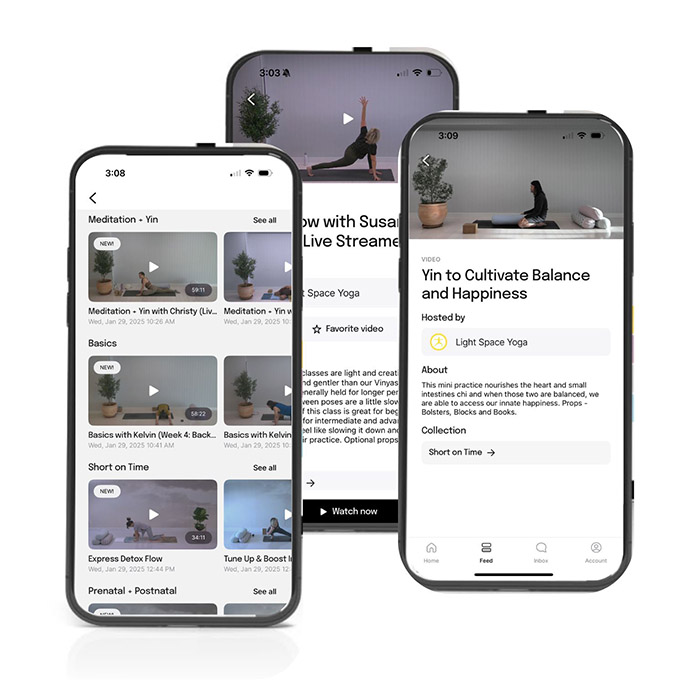 Three phones showing the Light Space Yoga app